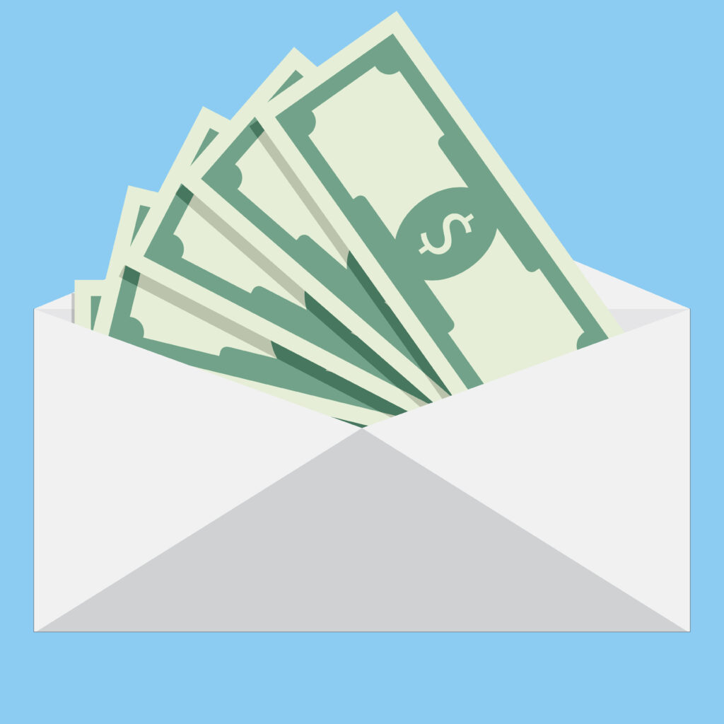 An illustration of an envelope with money coming out of it